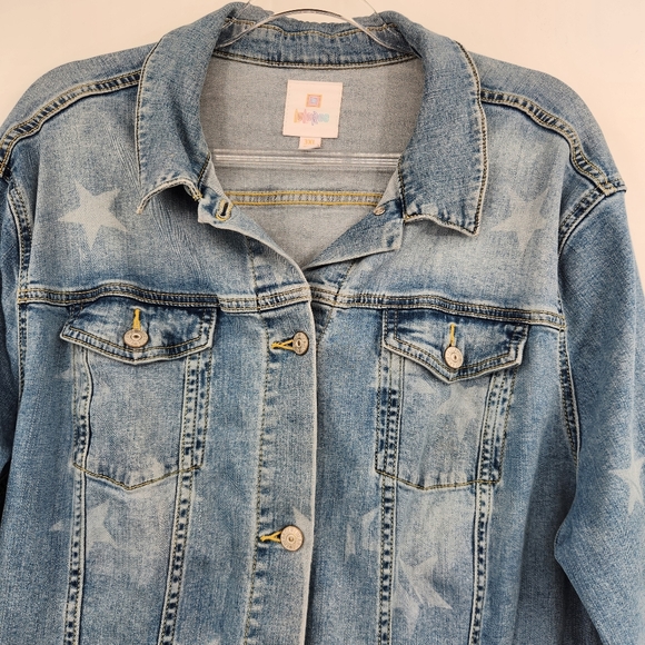 Lularoe Jaxon Denim Jacket Womens Size 3XL Blue Star Print Button Front Stretch - Picture 2 of 8